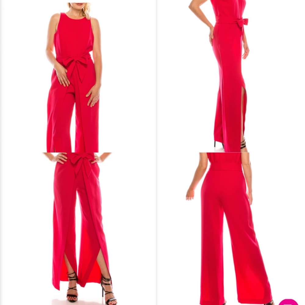 SLEEVELESSCREPEJUMPSUIT presents unique wrap style pants side pockets wide belt.